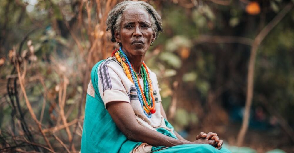 Villages - An old woman sitting in the woods with a basket